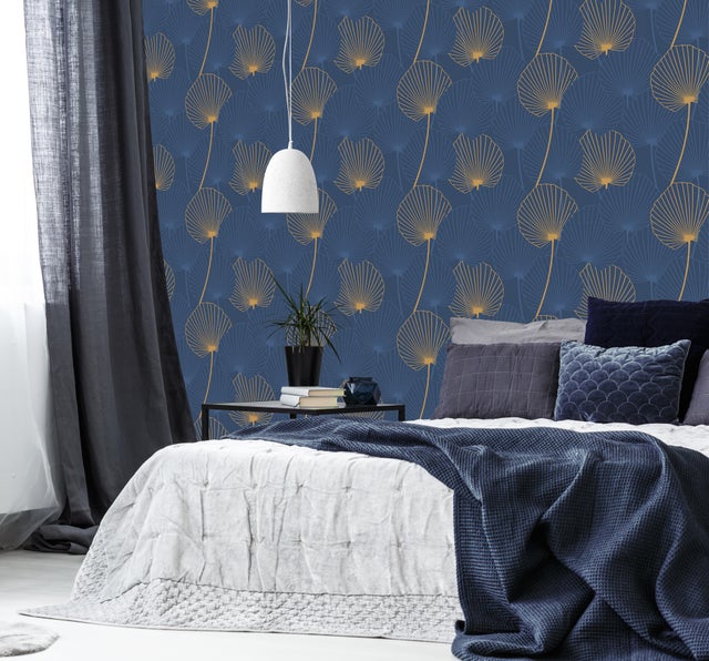 Papier peint vinyle sur intissé Joy fleur bleu et or