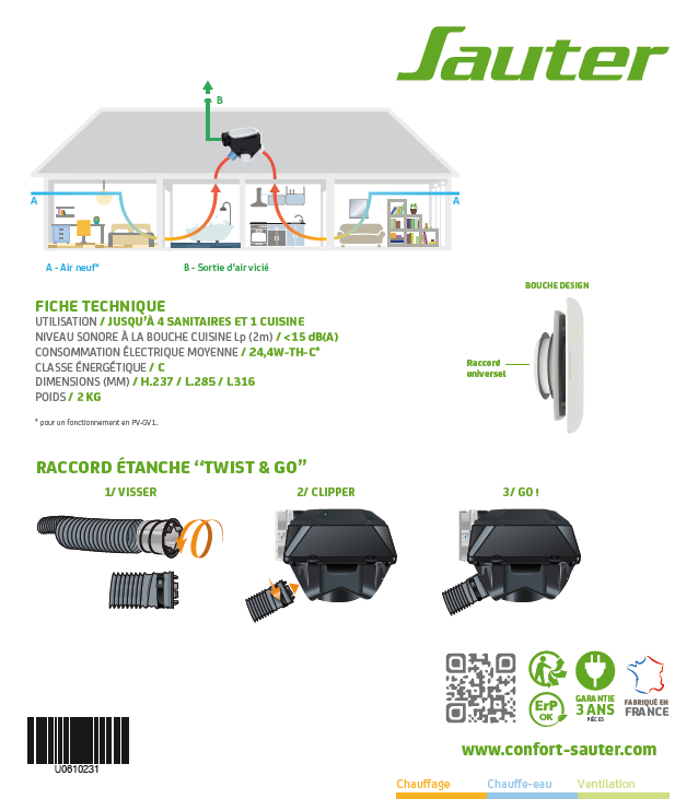 Kit VMC simple flux autoréglable à détection d'humidité SAUTER Agalina - 9