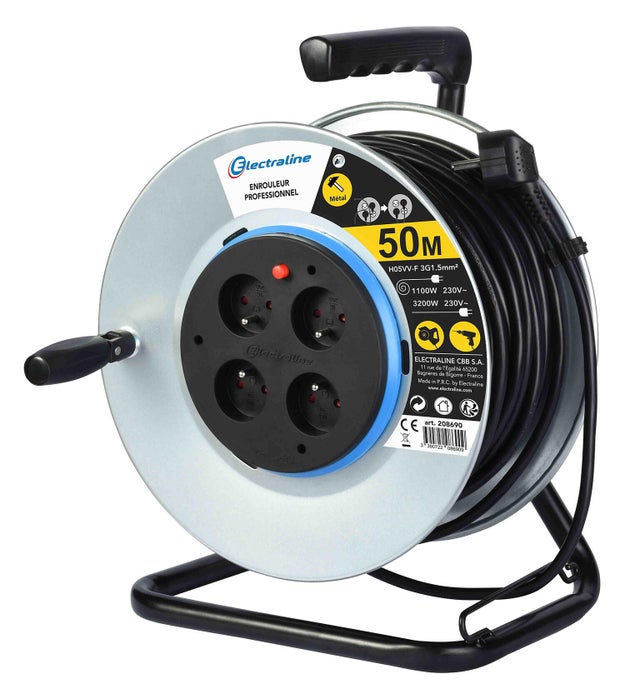 Enrouleur de câble électrique bricolage L.50m H05VV-F 3G1.5, ELECTRALINE