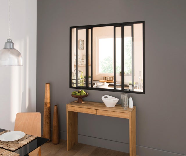 Verrière coulissante en aluminium noir sablé 4 carreaux, H.108 x l.123.2 cm