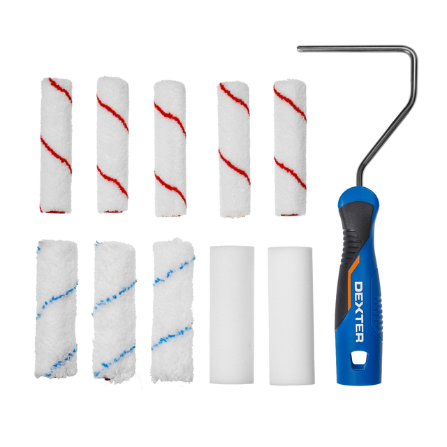 Kit para lacar y pintar superficies lisas compuesto de 3 recambios 11 mm (microfibra, altura pelo  8mm) + 5 recambios 110 mm (poliamida, altura pelo 4mm) + 2 recambios 110mm (espuma) + mango (tacto suave, varilla acero 6mm) DEXTER
