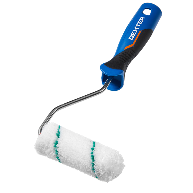 Mini rodillo para pintar superficies rugosas de 110 mm de anchura, 15 mm de diámetro, pelo largo (más de 12 mm). Fibra de poliéster. Varilla de acero.