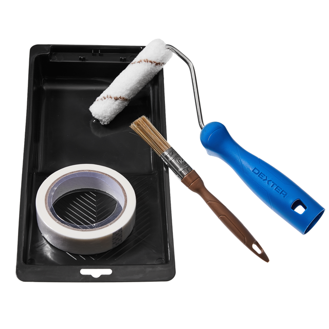 Kit pintura DEXTER LACAR MINI-ROLO+PINCEL+TABULEIRO+FITA PINTOR