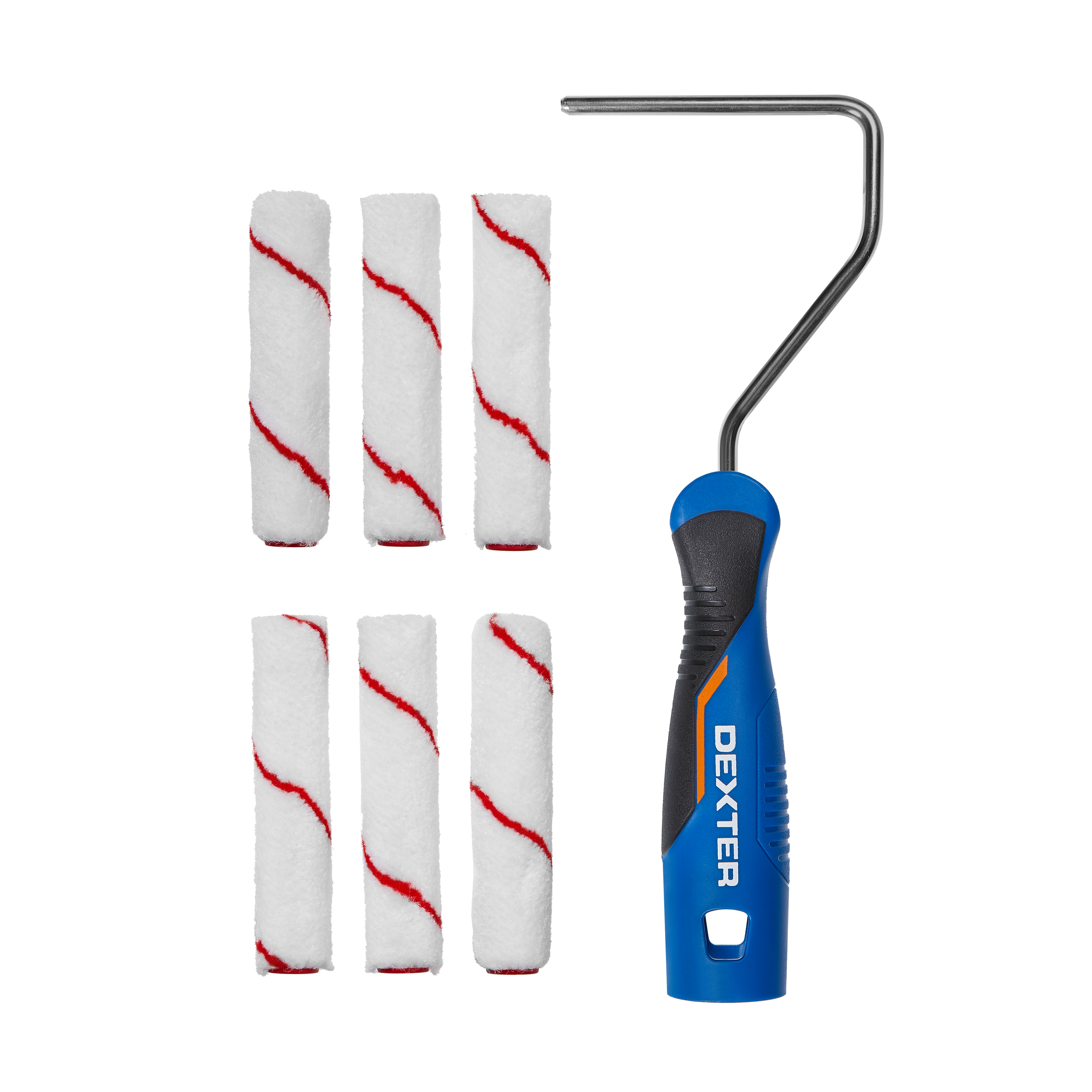 Kit para lacar compuesto de 6 recambios de rodillo de 110 mm (poliamida, color blanco, peso: 800 g, altura del pelo: 4 mm) + mango de rodillo (mango suave al tacto, diámetro de la varilla de acero: 6 mm) dexter