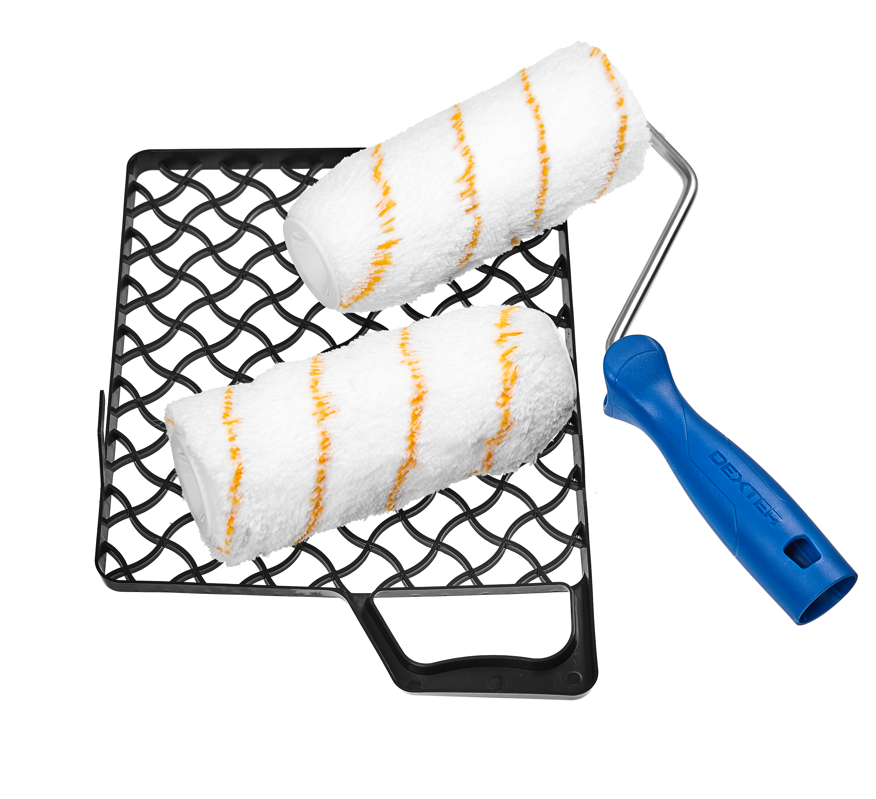 Kit para pintar fachadas rugosas compuesto de 2 recambios 180mm (75 % poliéster + 25 % poliamida, altura pelo 22 mm) + mango para rodillo (mango suave al tacto, diámetro de la varilla de acero 8 mm) + rejilla de plástico dexter