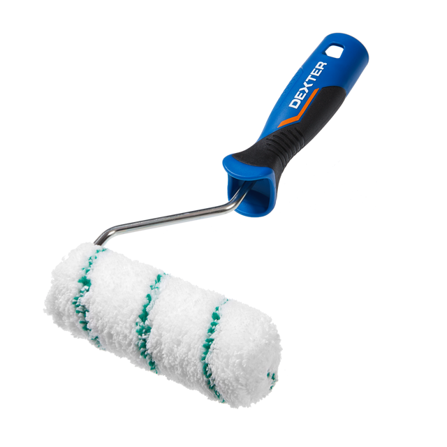Mini rodillo para pintar superficies rugosas DEXTER de 120 mm de anchura, 28 mm de diámetro, pelo largo (más de 12 mm). Fibra de poliéster. Varilla de acero.