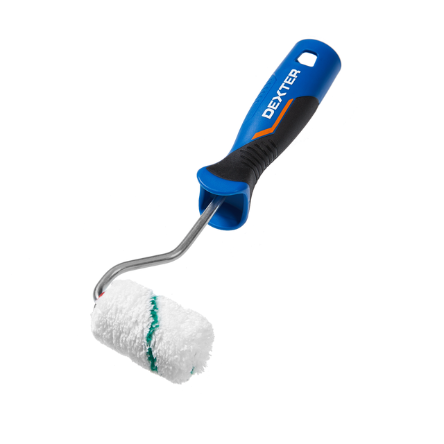 Mini rodillo para pintar superficies rugosas DEXTER de 60 mm de anchura, 15 mm de diámetro, pelo largo (más de 12 mm). Fibra de poliéster. Varilla de acero.