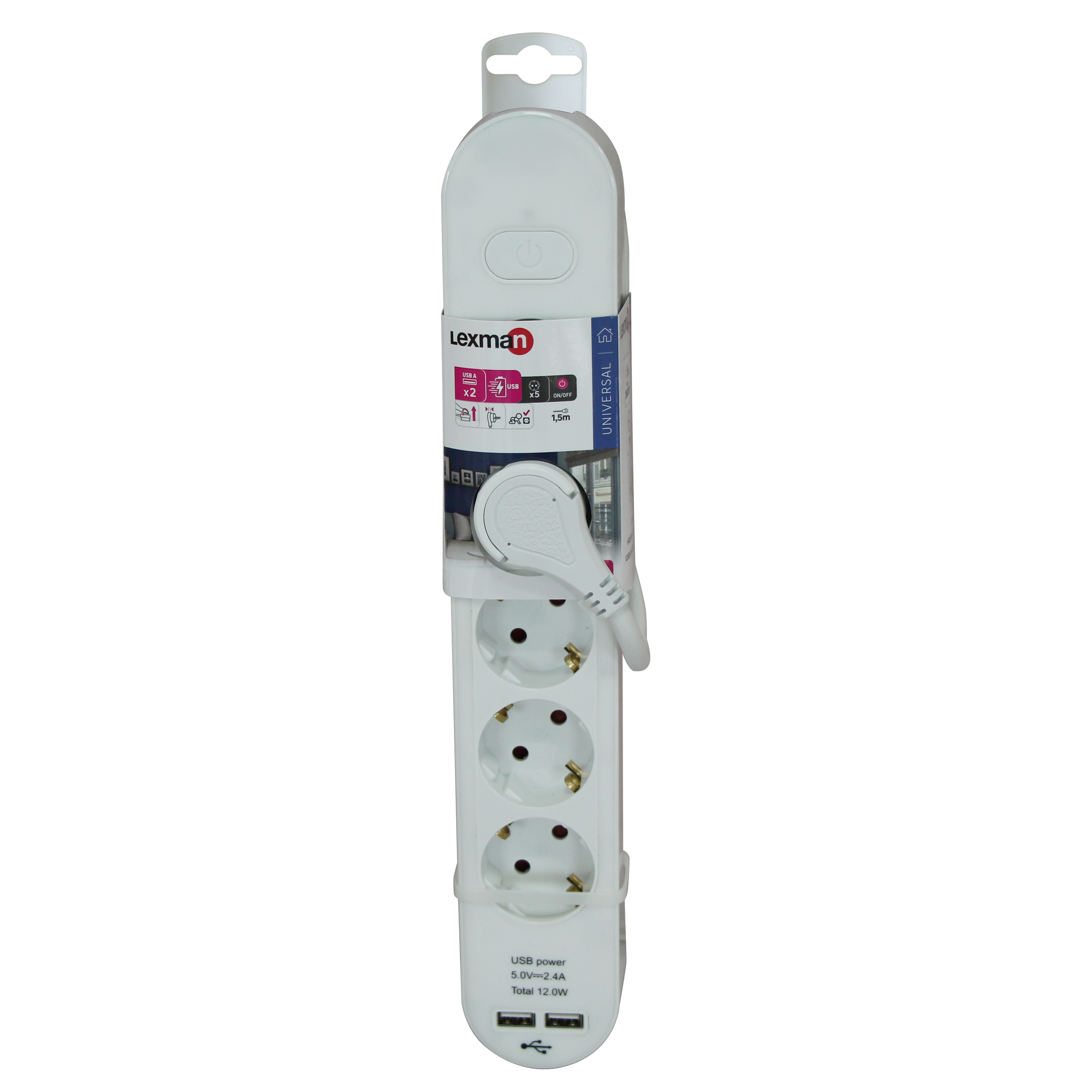 Extensão de 5 tomadas 2 USB 1.5m branco Lexman - 8
