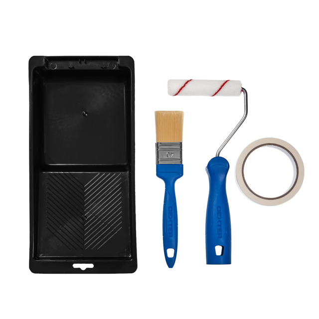 Kit para lacar compuesto de 1 recambio de rodillo 110 mm (espuma blanca, peso 40 kg/m3) + bandeja negra + cinta pintor 25mx25mm + pincel plano  40 mm + mango de rodillo (mango de polipropileno, diámetro de varilla de acero 6 mm) DEXTER