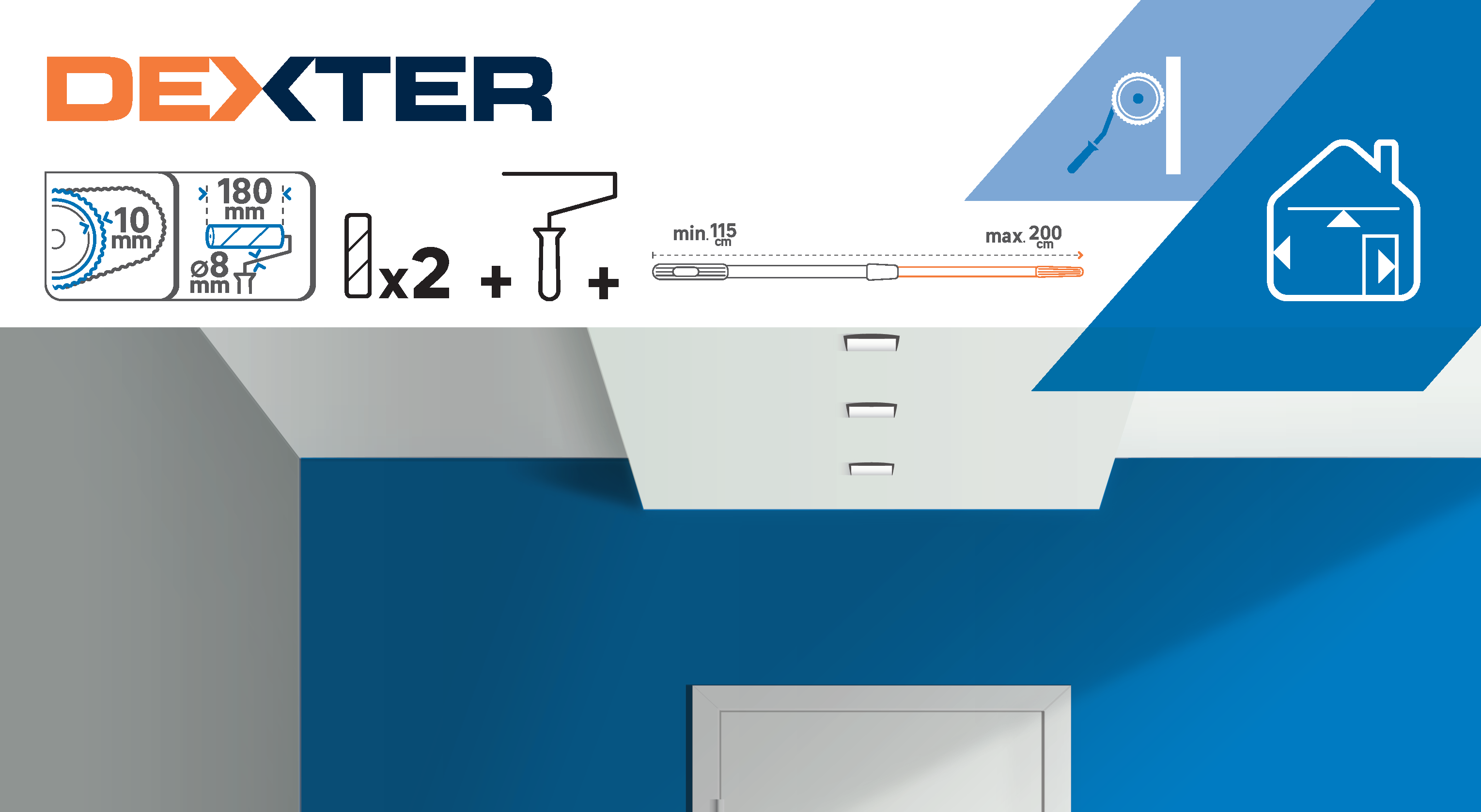 Lote de rodillos para pintar superficies lisas, aplicar capas base y para lugares con difícil acceso DEXTER de 180 mm de anchura, 55 mm de diámetro, pelo medio (5 mm a 12 mm). Fibra de poliéster. Varilla de aluminio. - 13