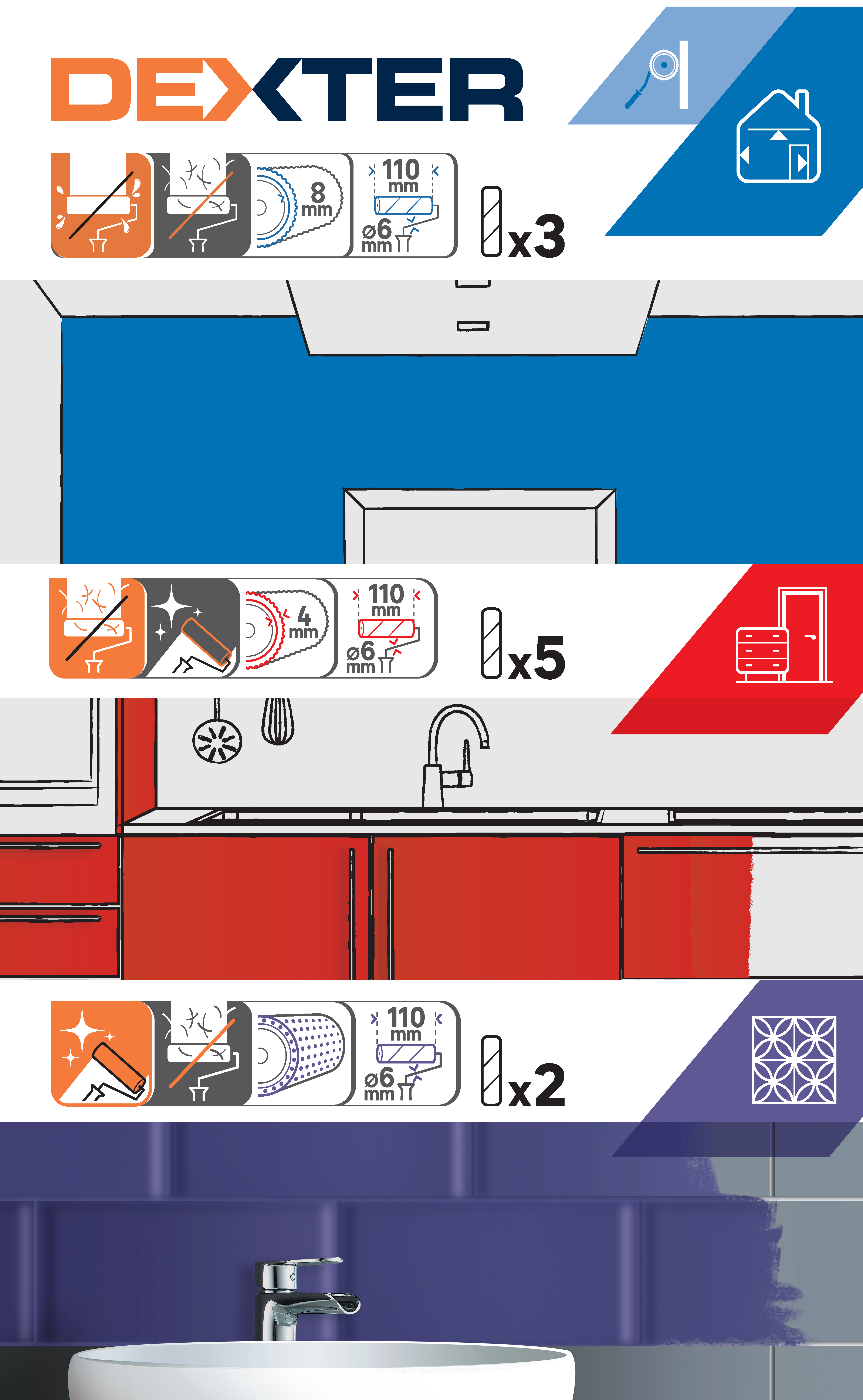 Set di minirulli per dipingere una superficie liscia e smaltare DEXTER 110 mm - 3