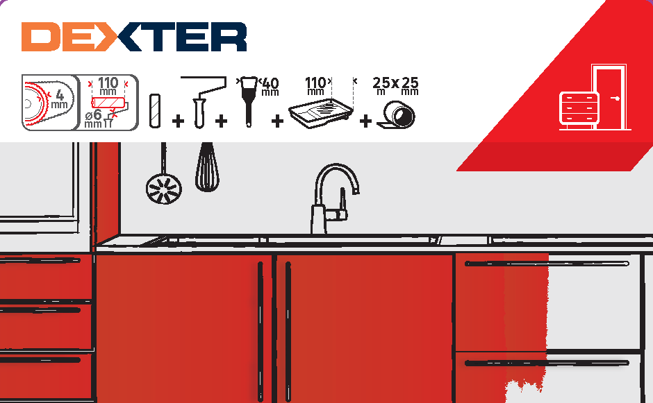 Kit para lacar compuesto de 1 recambio de rodillo 110 mm (espuma blanca, peso 40 kg/m3) + bandeja negra + cinta pintor 25mx25mm + pincel plano  40 mm + mango de rodillo (mango de polipropileno, diámetro de varilla de acero 6 mm) DEXTER - 3