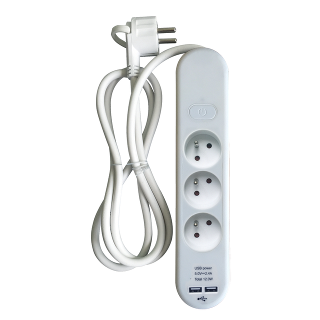 Multiprise USB filaire avec interrupteur, 3 prises + 2 USB-A blanc, 1.5M, LEXMAN