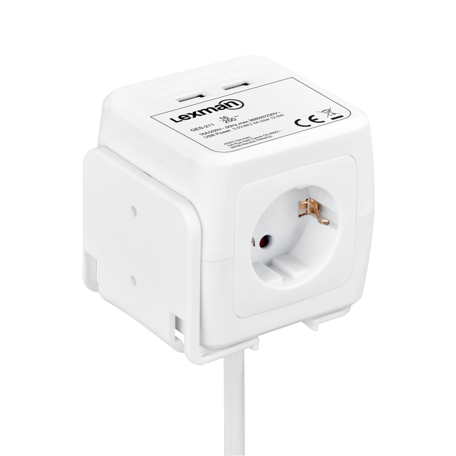 Extensão de 4 tomadas cubo 2 USB 1.5m com base fixação Lexman