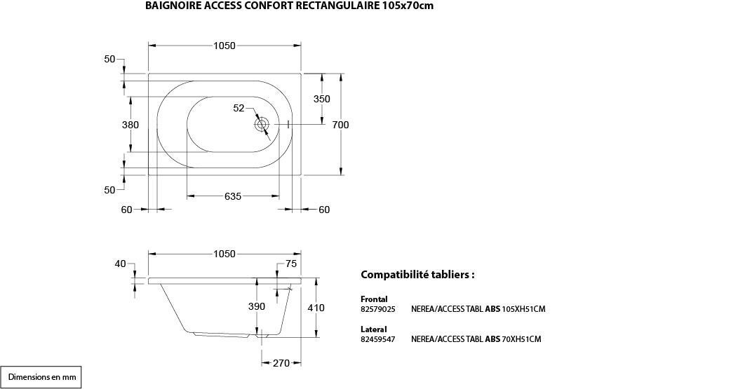 Baignoire rectangulaire L.105x l.70 cm blanc brillant, SENSEA Access confort - 7