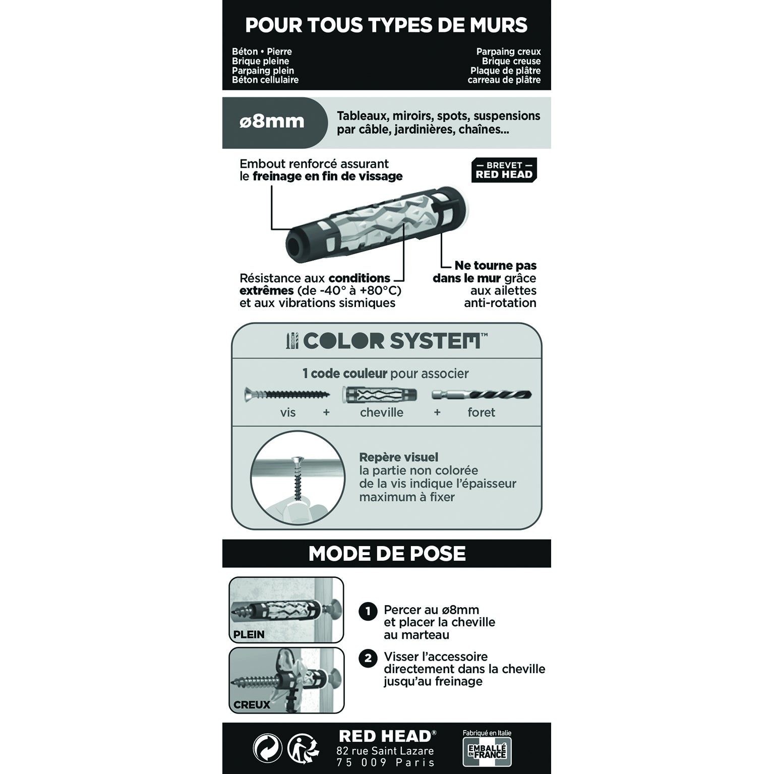 Lot de 4 Cheville murale mx gamme couleur RED HEAD, Ø8 x L.50 mm - 2