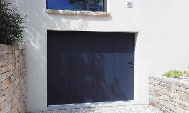 Porte garage coulissante alu gris Essentiel H.200xl.240cm portillon gauche