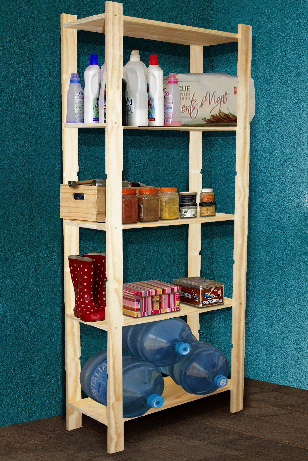 Etagère bois naturel brut / peindre 5epn65, 5 tablettes l.65xH.170xP.28 - 2