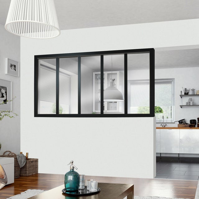 Verrière Atelier fixe en bois noir mat 5 vitrages inclus, H.108 x l.183.3 cm