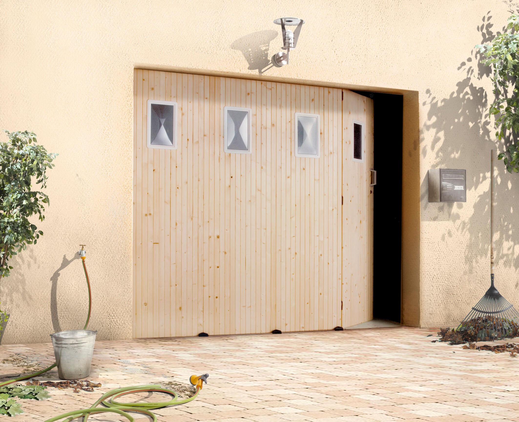 Porte de garage coulissante sapin PRIMO/hublots H.200 x l.240 | Leroy