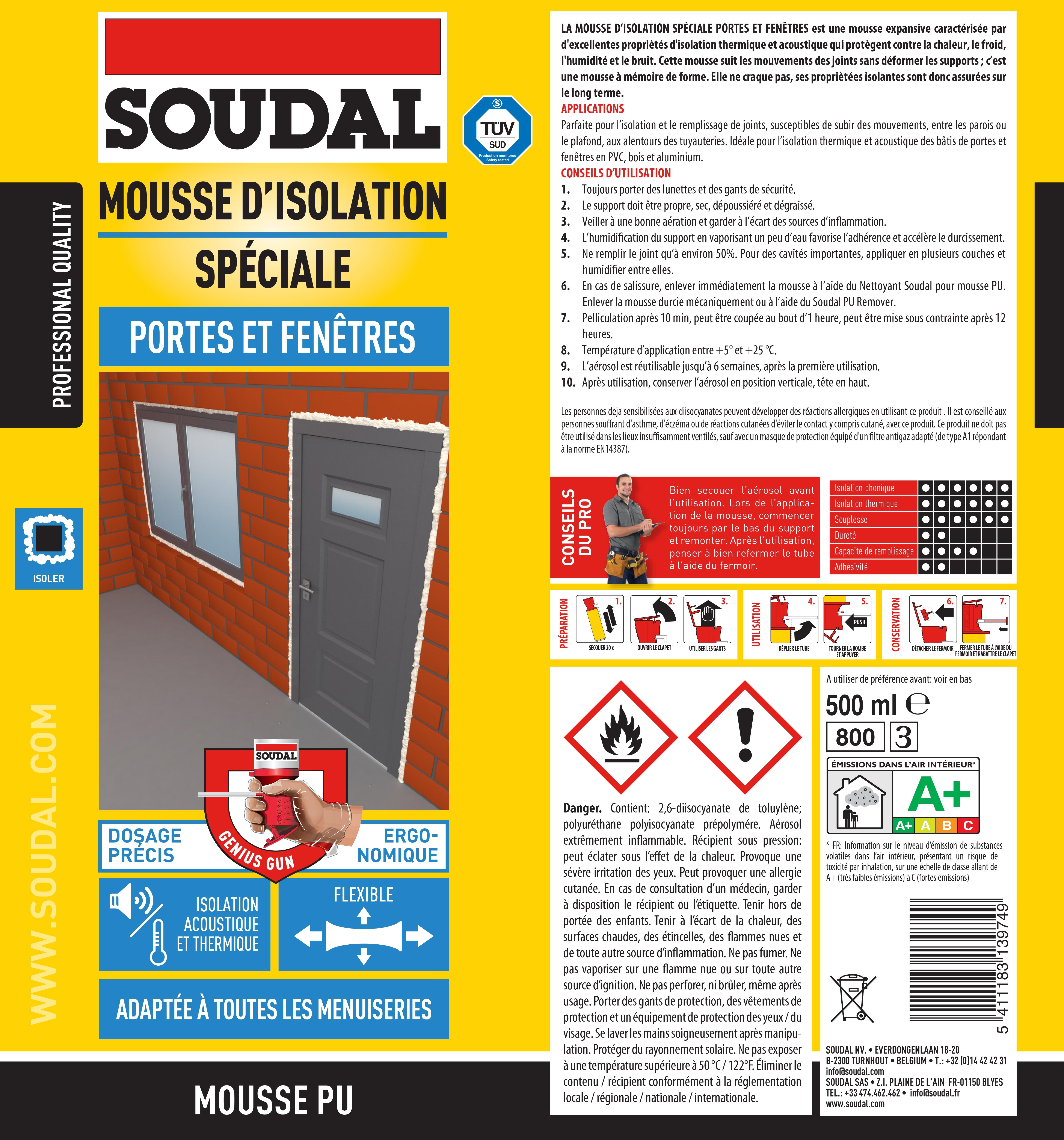 Mousse expansive polyuréthane LMDI menuiserie pistolet intégré 500 ml - SOUDAL - 3