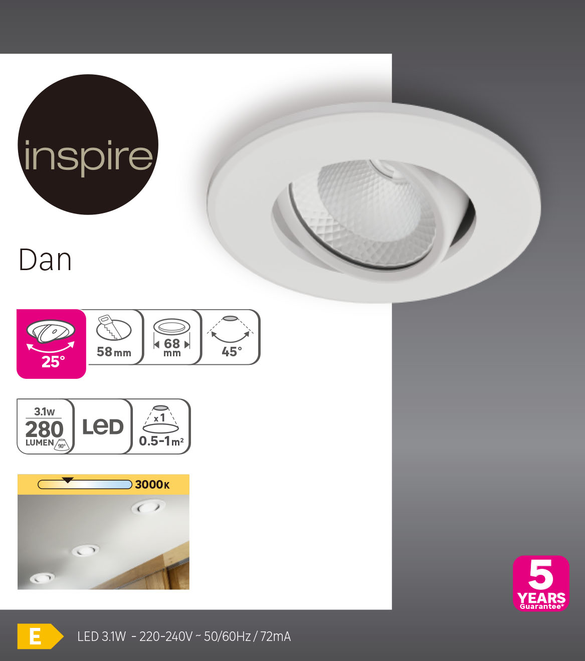 Faretto da incasso con fonte luminosa orientabile Modulo LED INSPIRE DAN bianco  Ø 6.8 cm Luce bianco caldo - 2