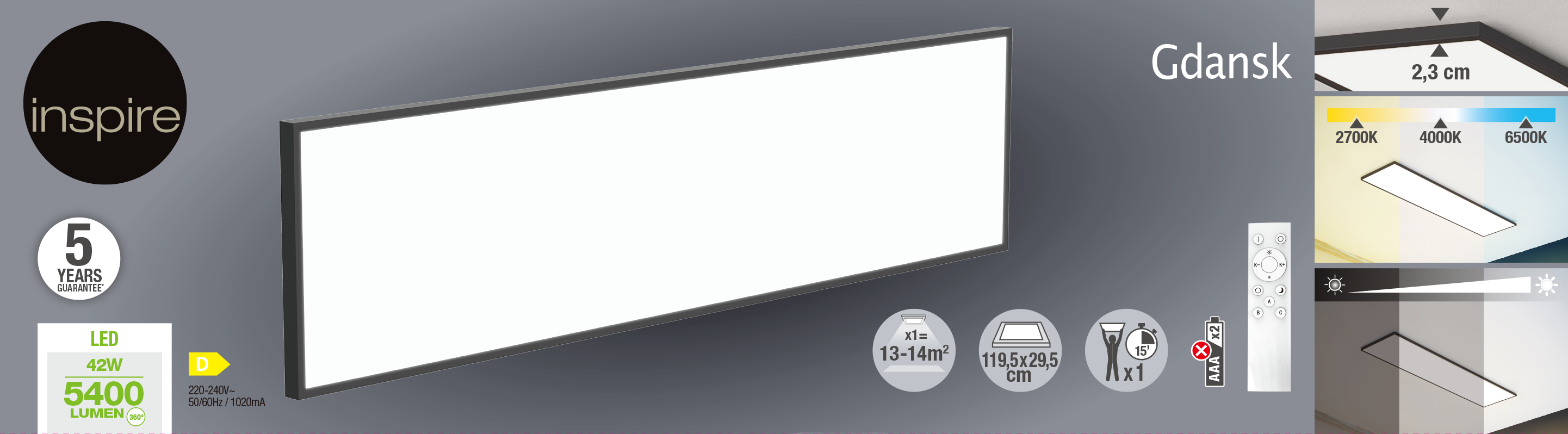 Panel Inspire Panel LED Gdansk 30 x 120cm 5400 lm z pilotem INSPIRE - Leroy Merlin