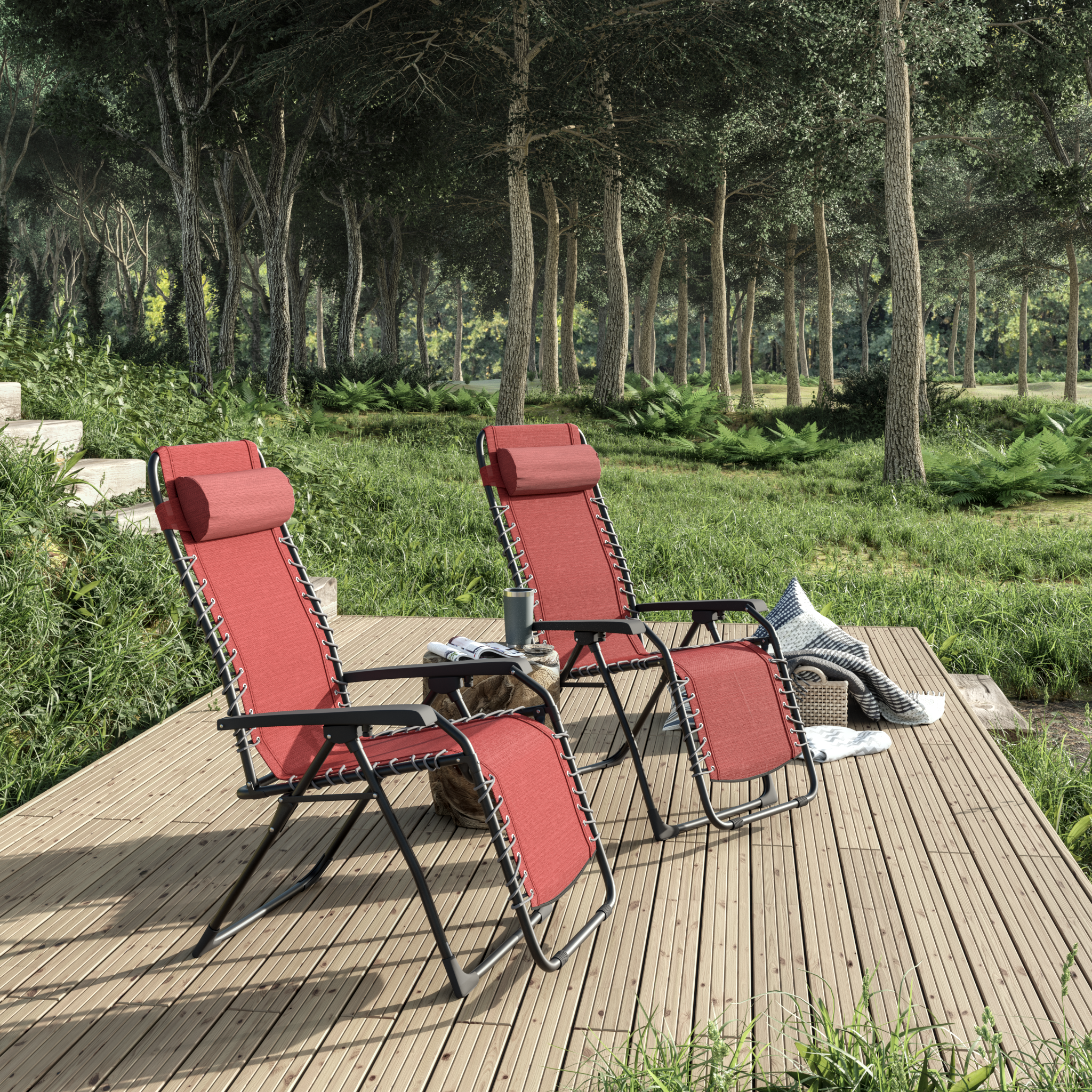 Sedia da giardino con cuscino rosso e braccioli Zero Gravity struttura in acciaio, seduta in textilene rosso - 2