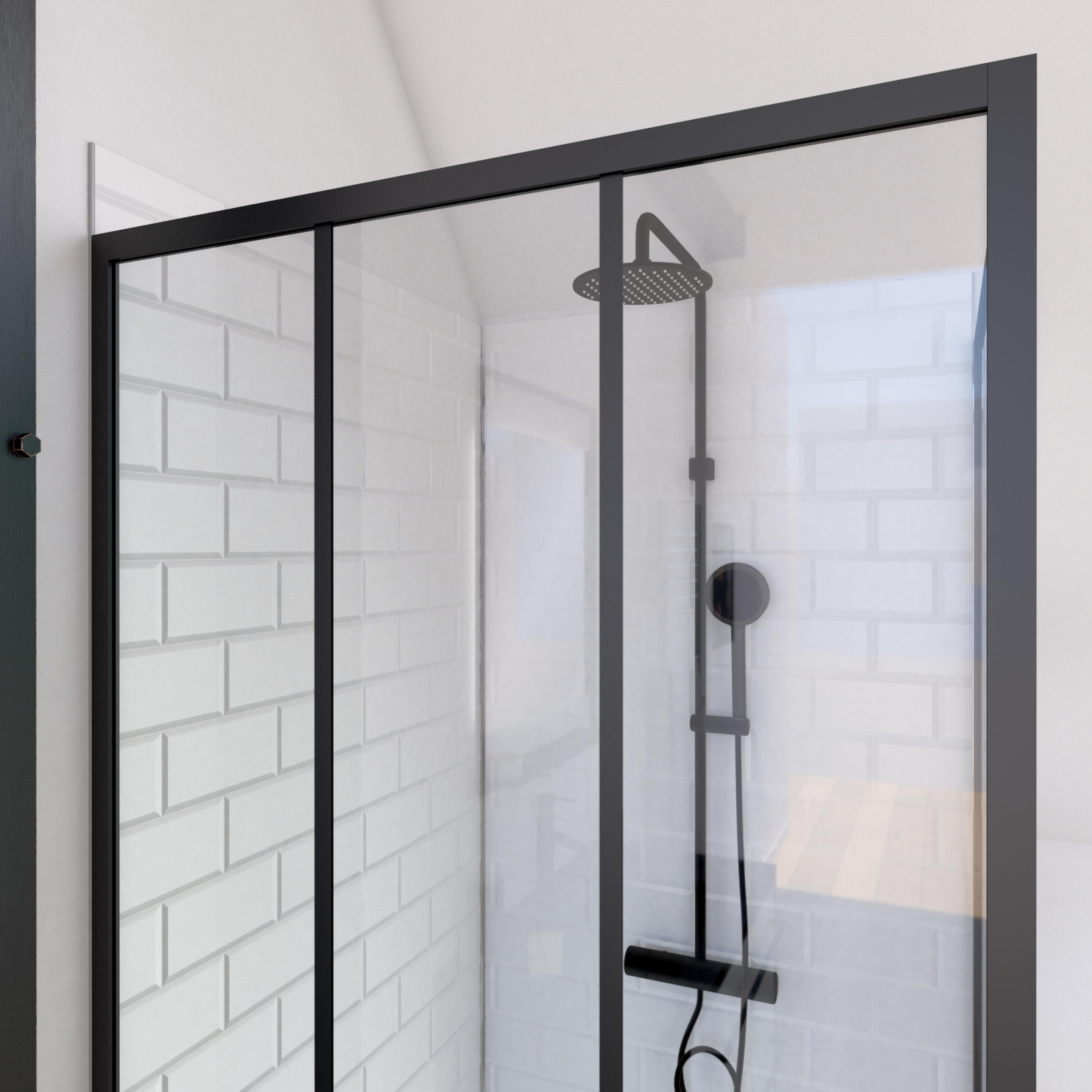 Mampara de ducha fija Austine perfil aluminio negro (80)x200 cm cristal templado 6mm transparente antical reversible. Barra fijación muro o techo incluida Aurlane - 3