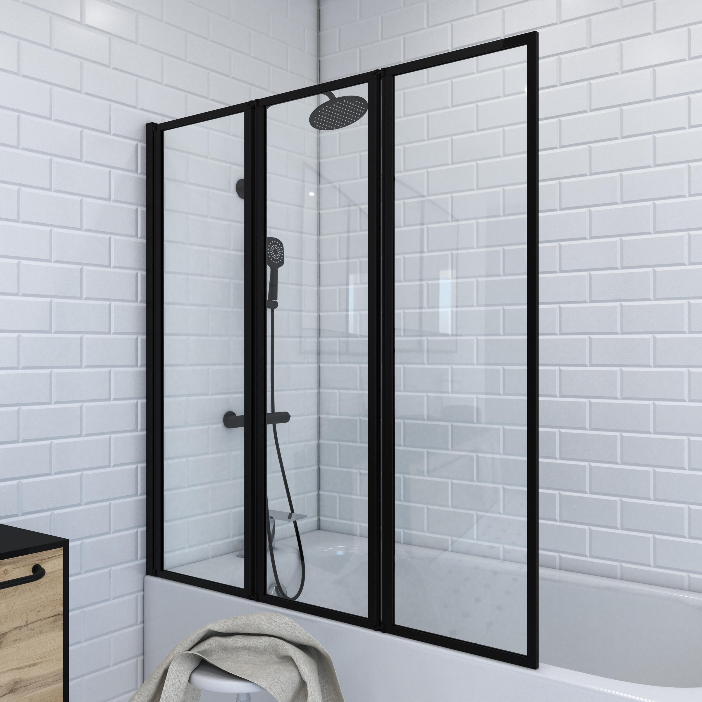 Pare-baignoire pliable transparent noir, H.143 x l.125 cm Triple black - 2