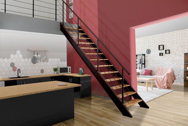 Escaliers droit alu noir LIMA, 13 marches bois lamellé collé, 2.75M, chêne verni