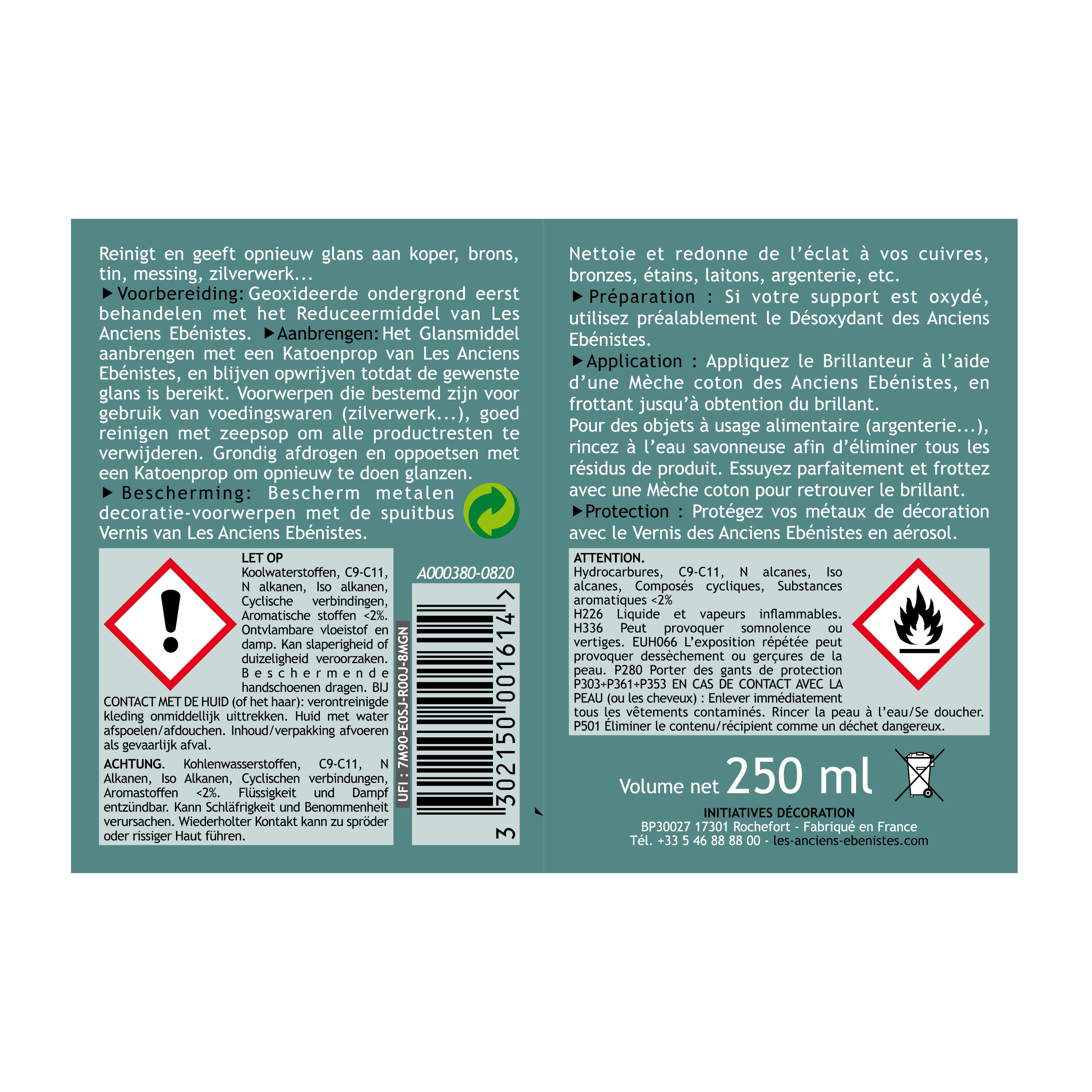 Lait de brillance cuivre LES ANCIENS EBENISTES Cuivre et métaux, incolore, 0.25L - 3