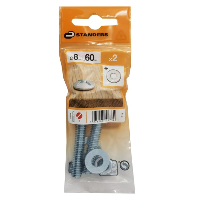 2 boulons acier tête ronde phillips STANDERS, Ø8 x L.60 mm