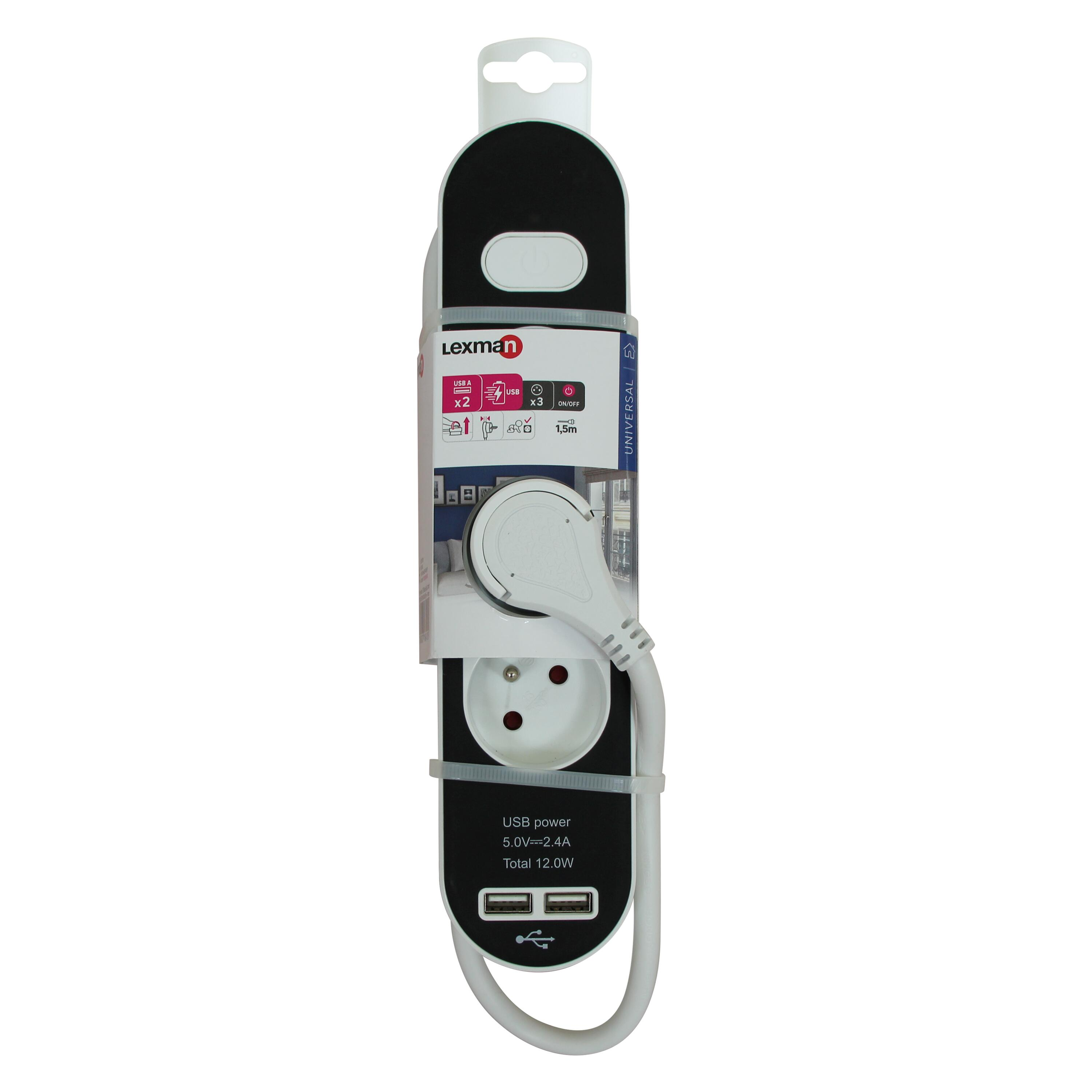 Multiprise USB filaire, 3 prises + 2 USB-A noir et blanc, 1.5M, LEXMAN - 7
