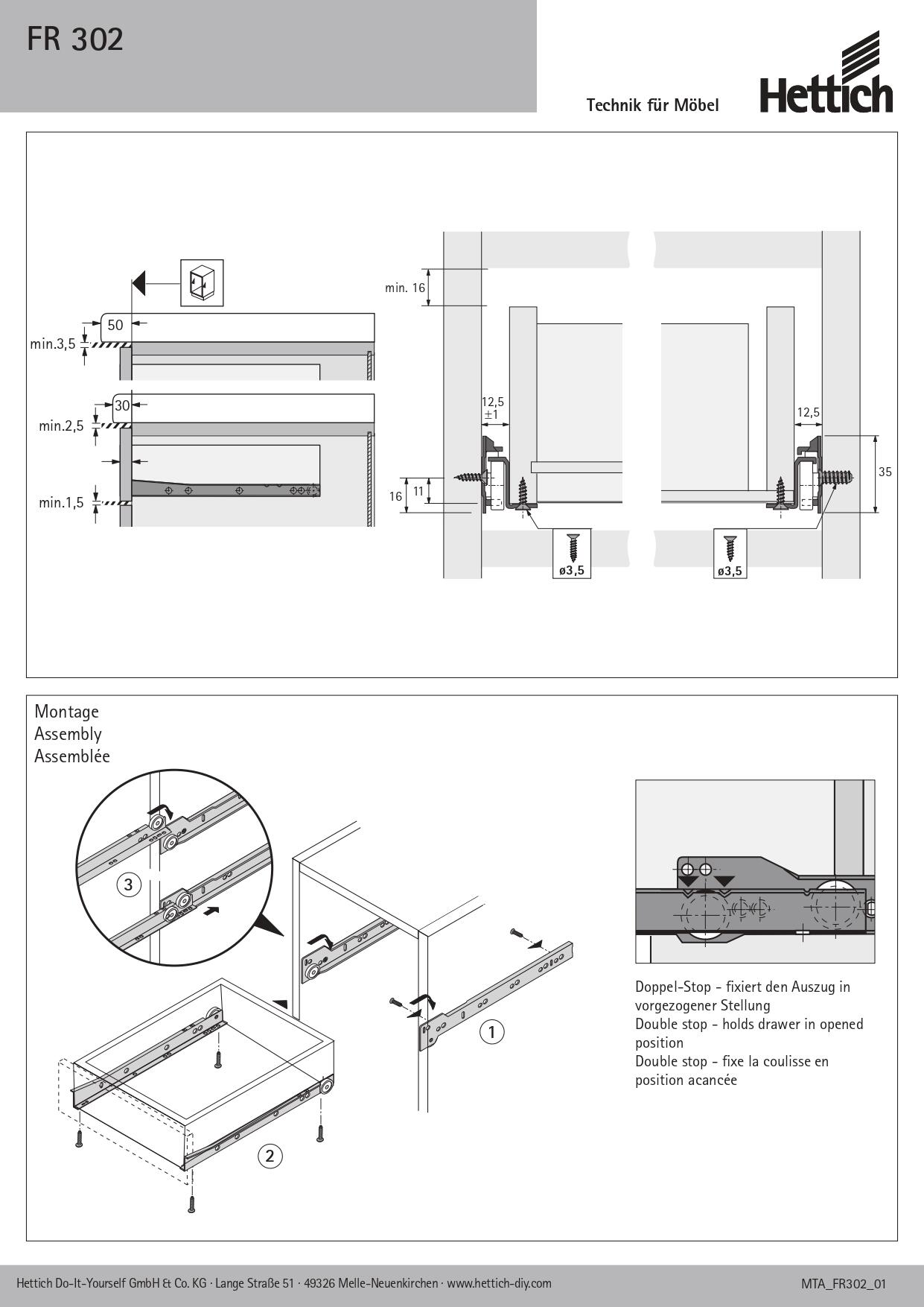 Coulisse pour tiroir à galets, HETTICH 20 kg L.35 cm - 2