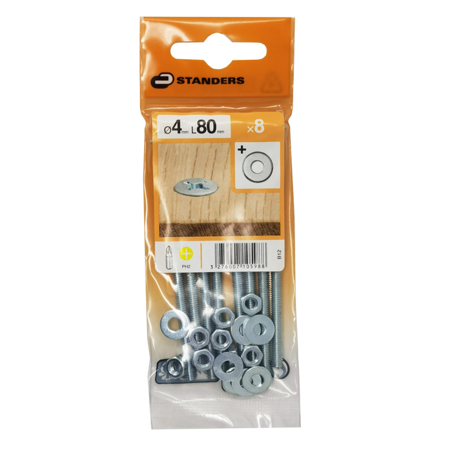 8 boulons acier tête fraisée / tête plate phillips STANDERS, Ø4 x L.80 mm