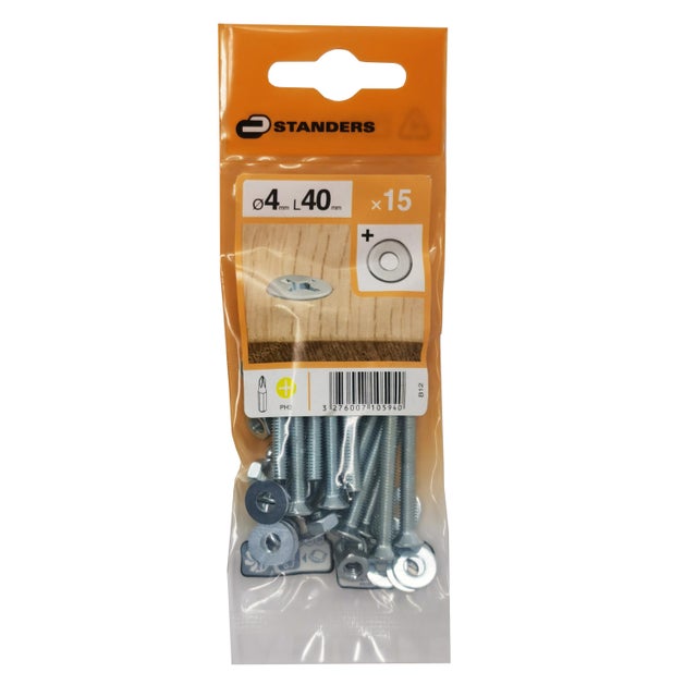 15 boulons acier tête fraisée / tête plate phillips STANDERS, Ø4 x L.40 mm