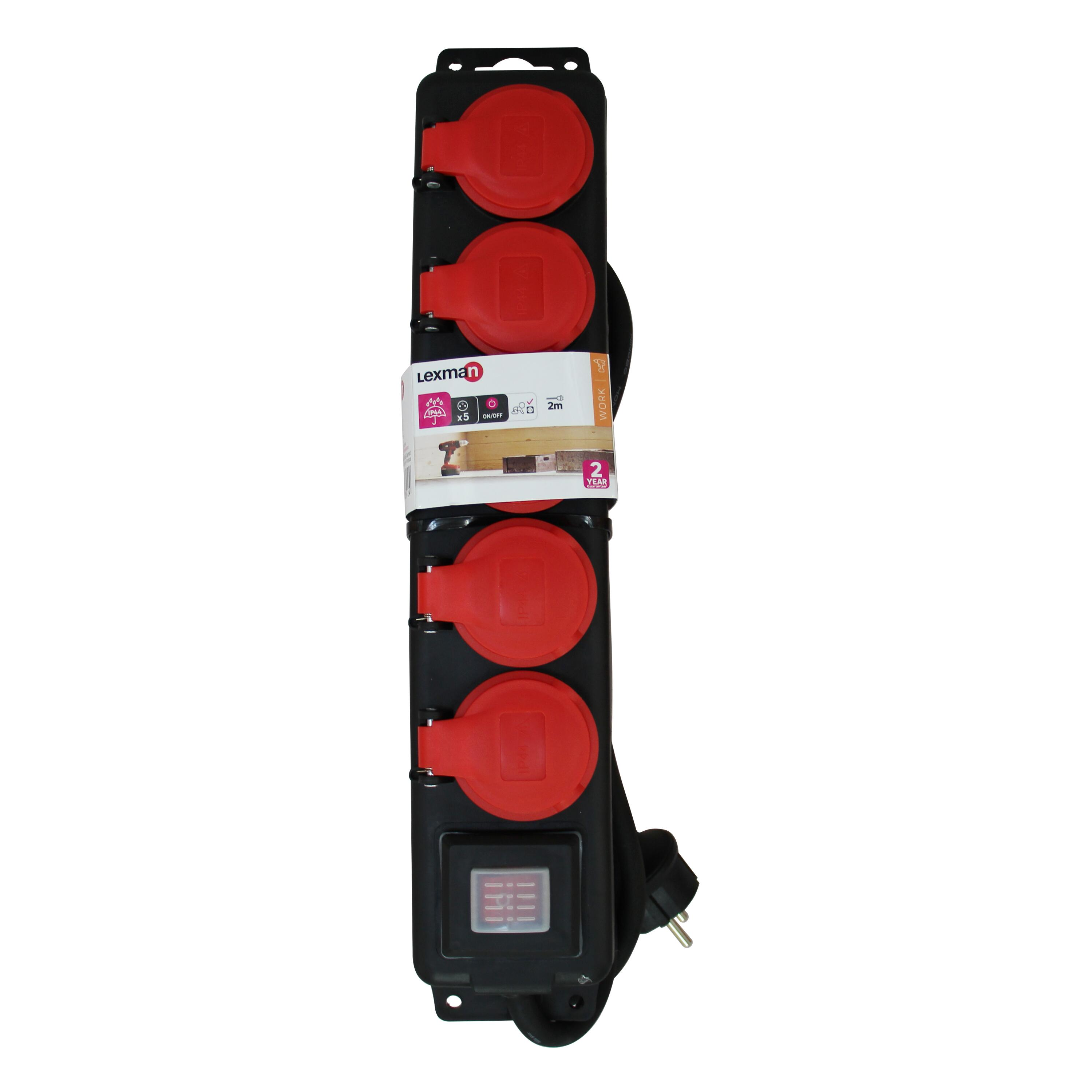 Multiprise filaire extérieure, IP44, 5 prises rouge / noir, 2M, LEXMAN - 4