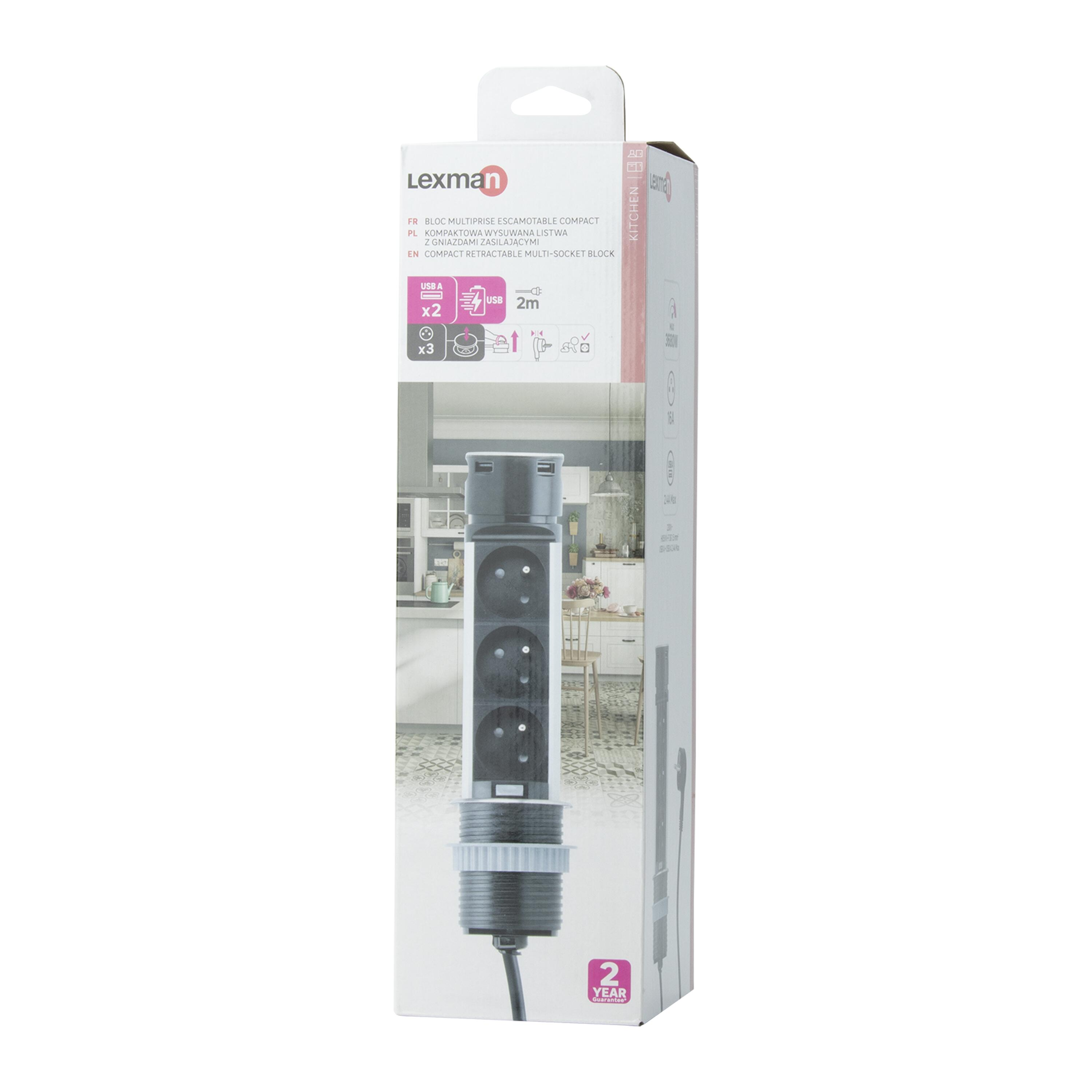 Multiprise encastrable, 3 prises + 2 prises USB, aluminium, 2M, LEXMAN - 10