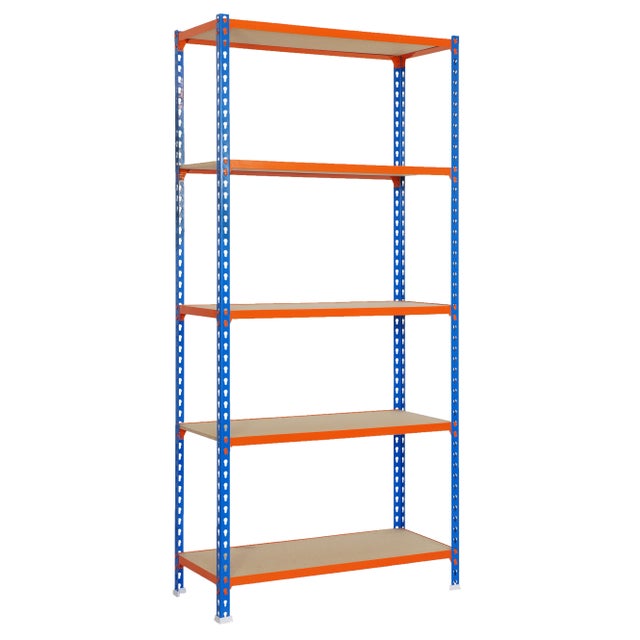 Estantería metálica, 200x100x50 cm, 5 Baldas, 150kg/balda, Azul/Naranja, SimonRack