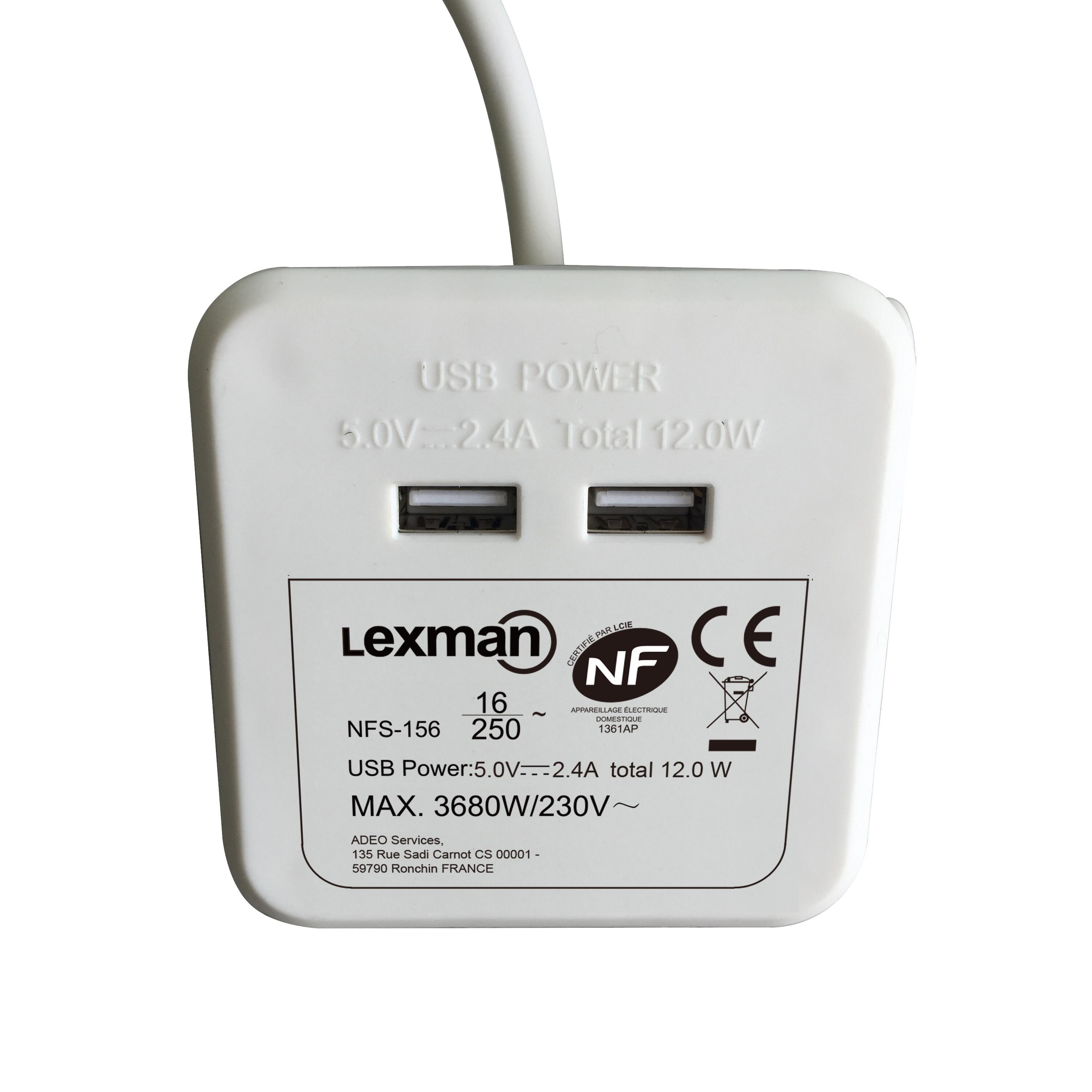 Multiprise cube USB filaire, 4 prises + 2 USB, blanc, 1.5M, LEXMAN - 5