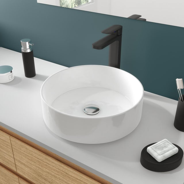 Vasque à poser céramique rond Studio H.12 x Diam.37 cm blanc brillant