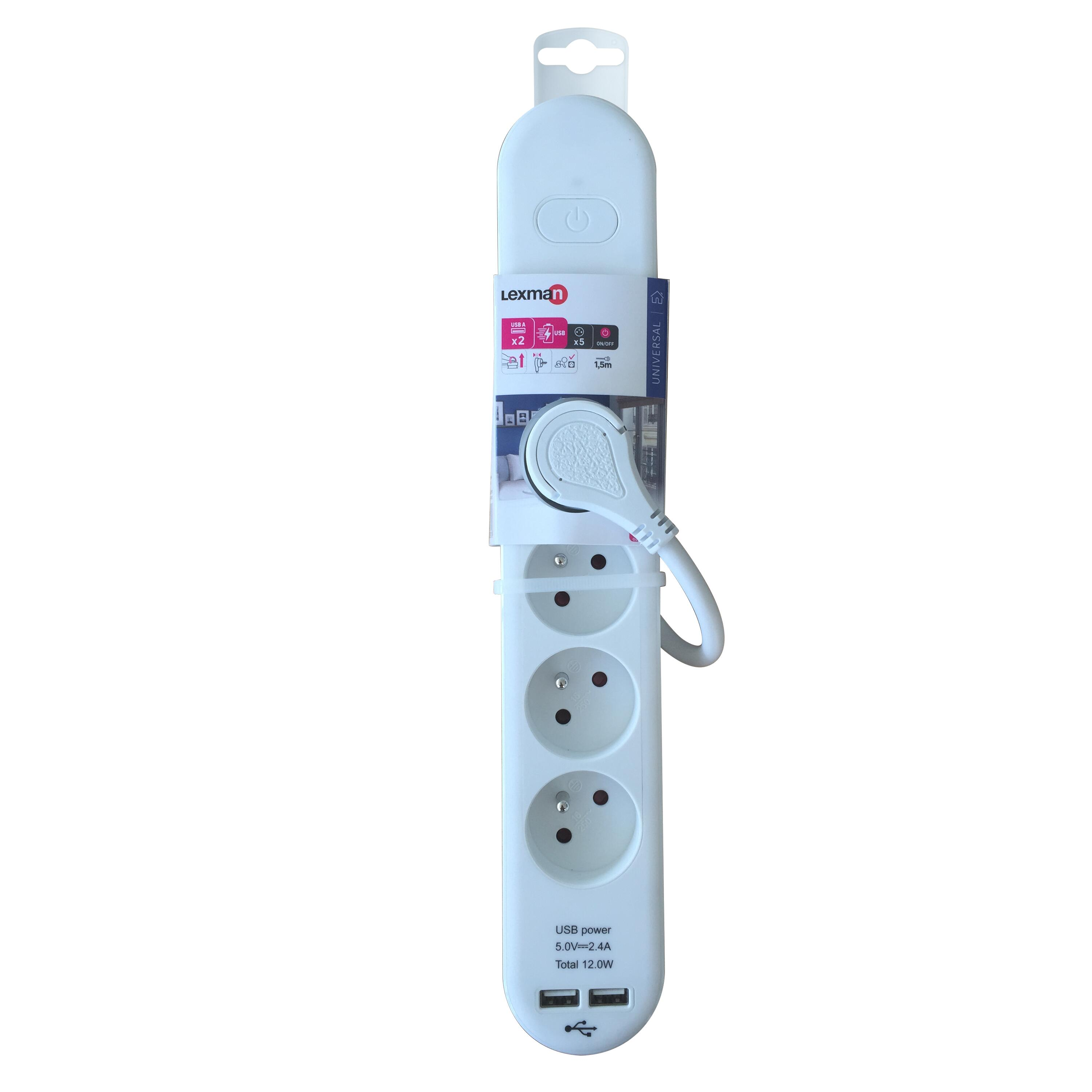 Multiprise USB filaire avec interrupteur, 5 prises + 2 USB-A blanc, 1.5M, LEXMAN - 7