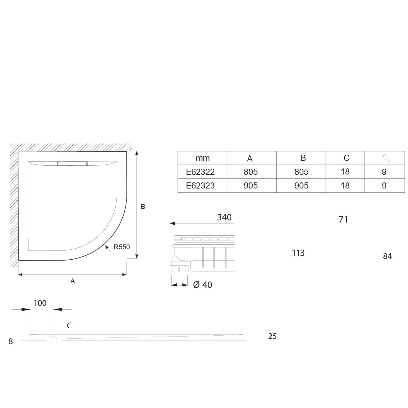 Receveur de douche, extraplat, résine 90 x 90 cm, 1/4 cercle antiglisse - 3