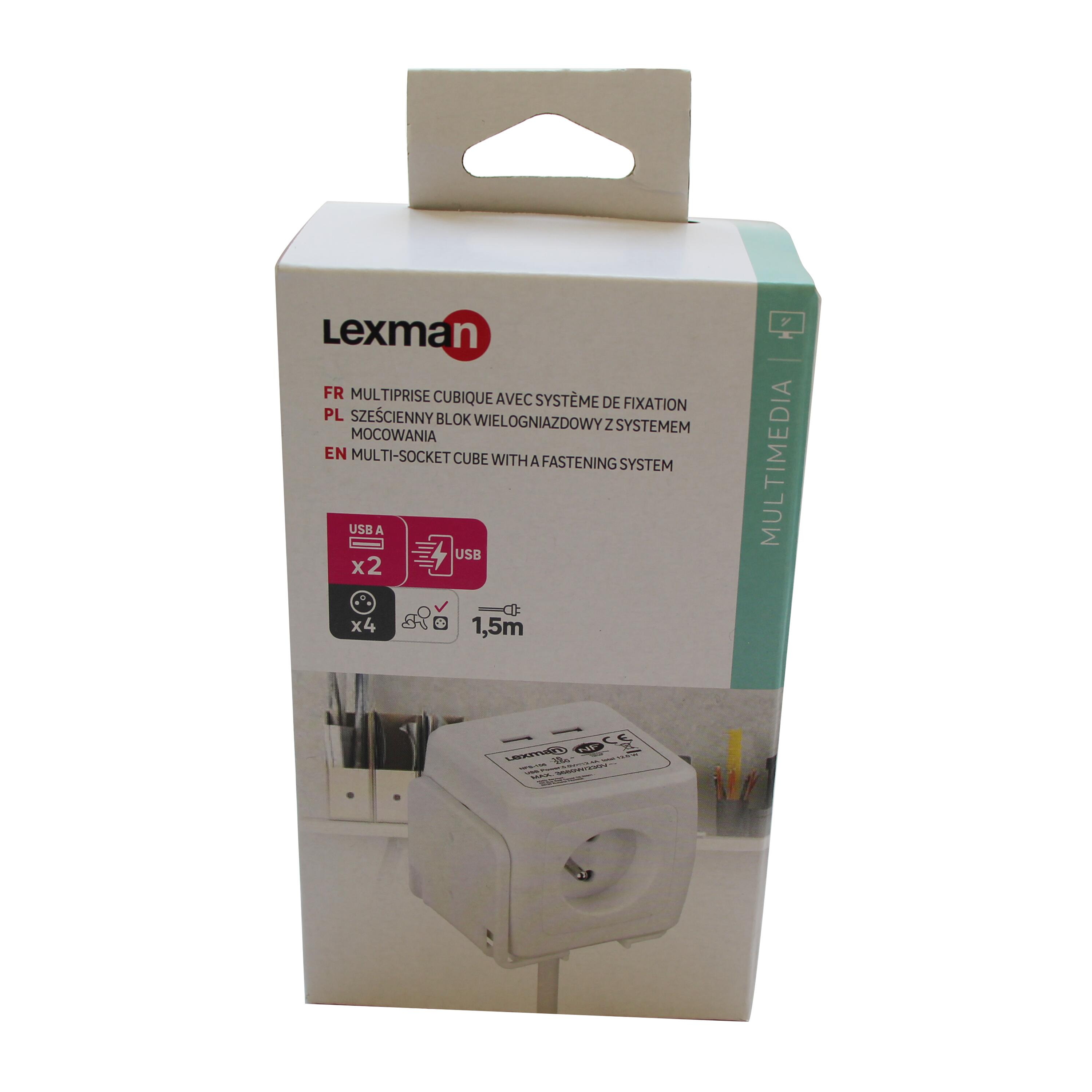 Multiprise cube USB filaire, 4 prises + 2 USB, blanc, 1.5M, LEXMAN - 6