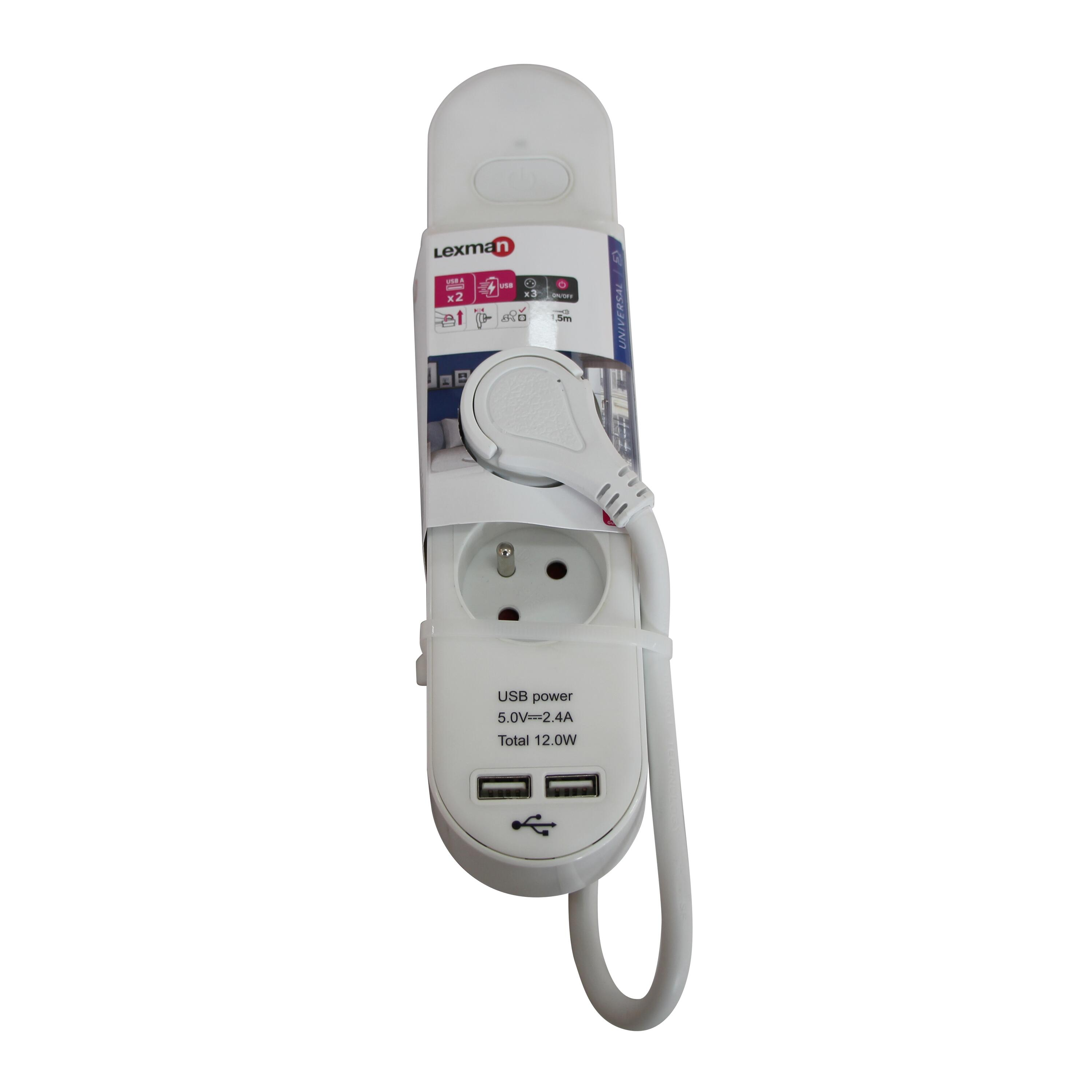 Multiprise USB filaire avec interrupteur, 3 prises + 2 USB-A blanc, 1.5M, LEXMAN - 8