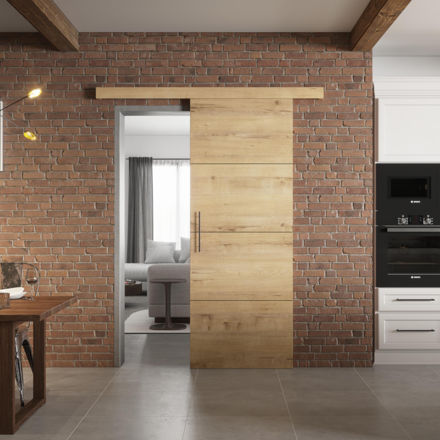 Porte coulissante Séville chêne nervuré, H.204 x l.83 cm - 2