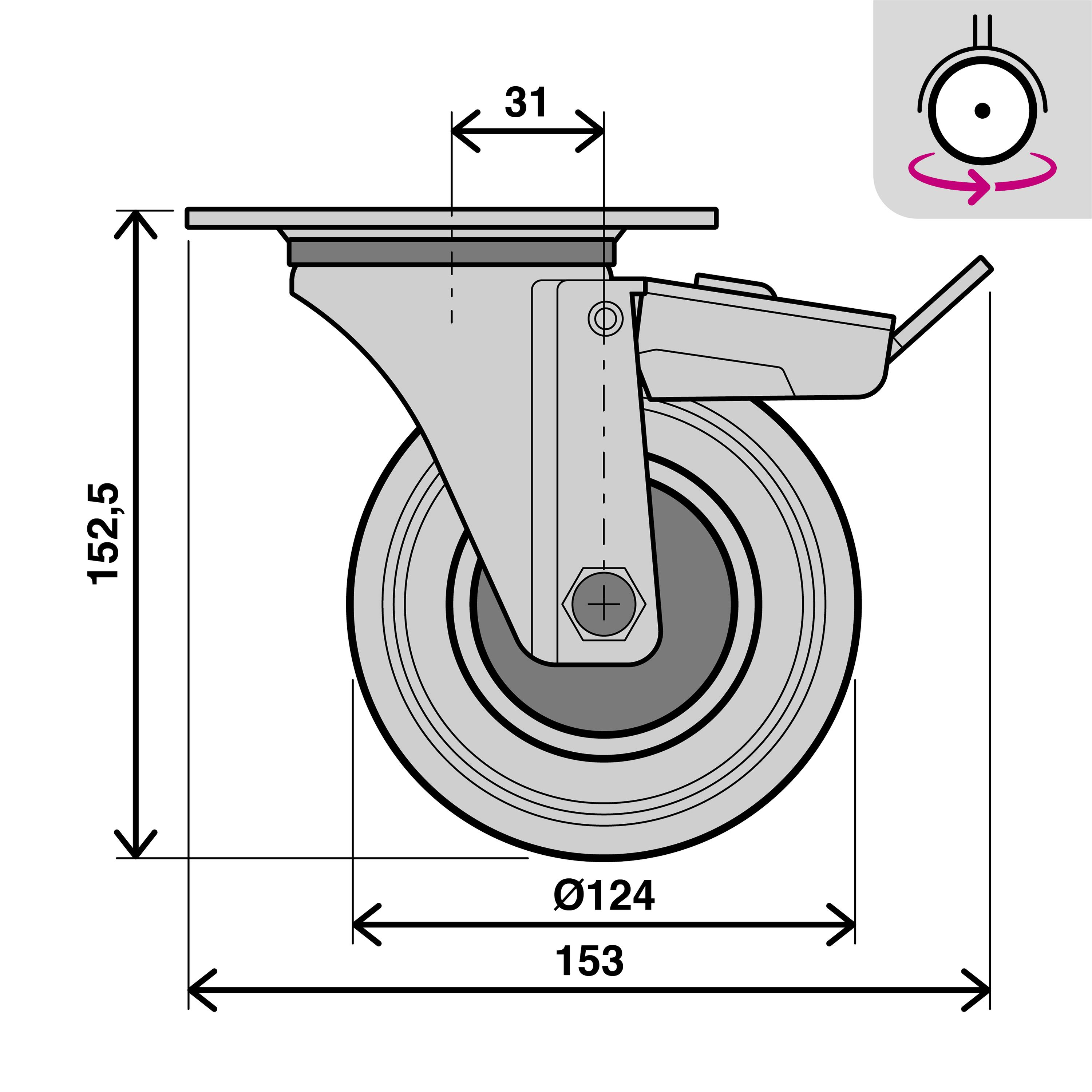Roue pivotante sur plaque diam.125 mm avec frein - 2