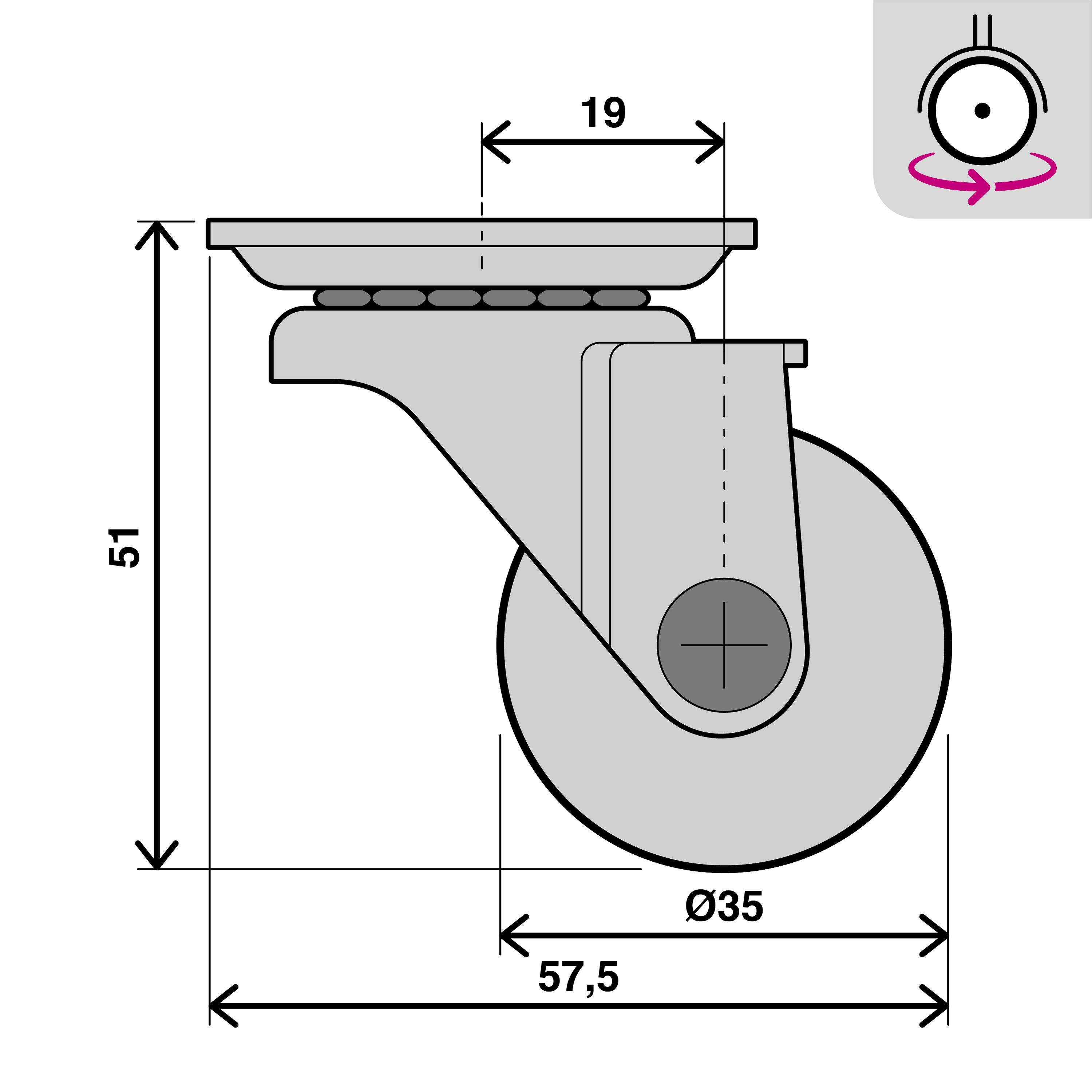 Roue 360 degrés sur plaque diam.35 mm - 5