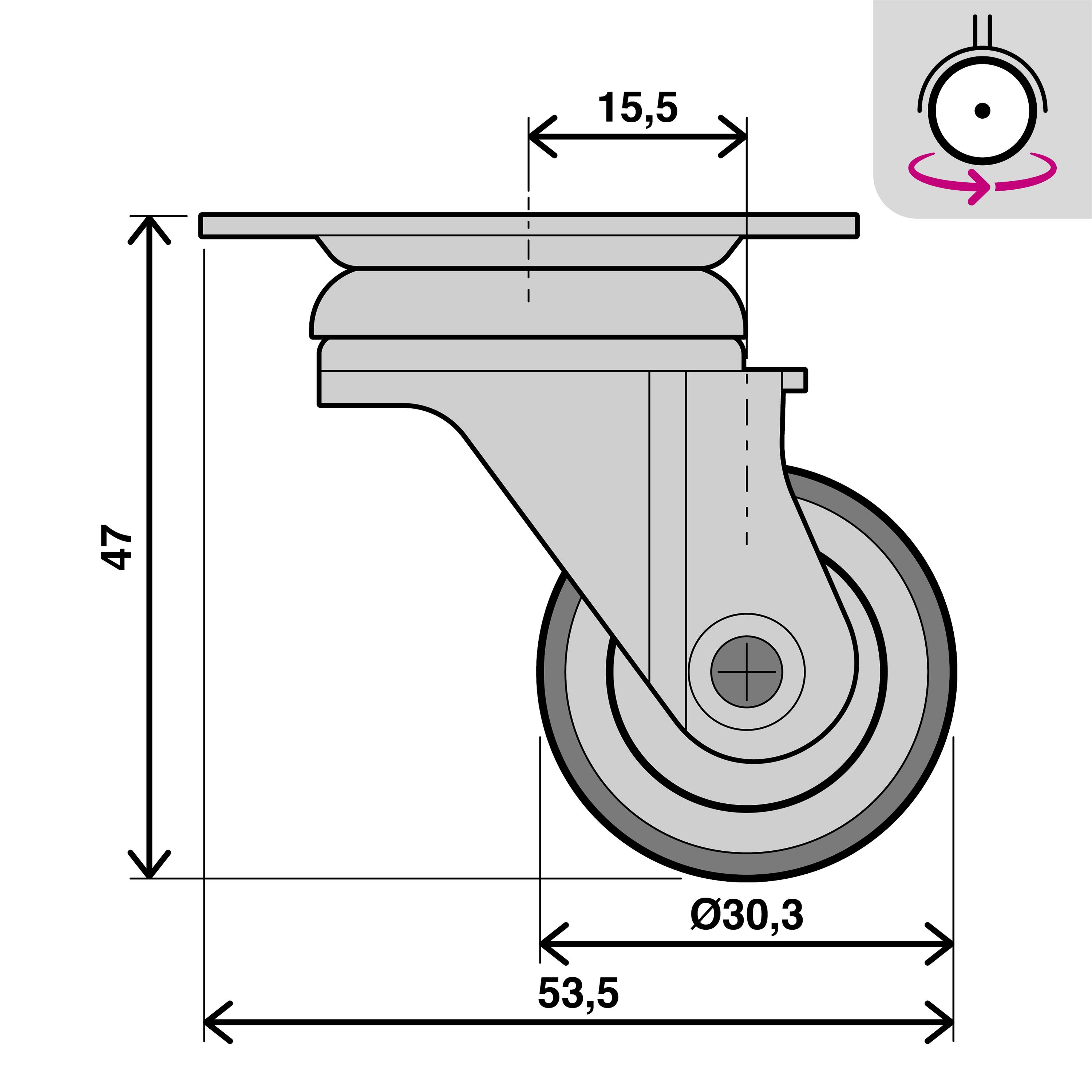 Roue 360 degrés sur plaque diam.30 mm - 3